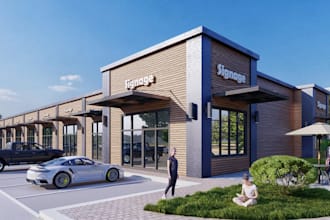 3d commercial mixed use space,storefront building,strip mall exterior,cgi render