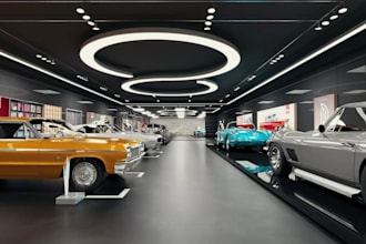 cgi classic car museum,3d automotive showroom,3d interior render,auto parts shop