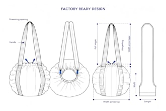 design bag, handbag, tote bag with tech pack and technical drawing