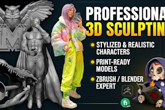 create detailed 3d character sculpt for games, 3d print,or animation