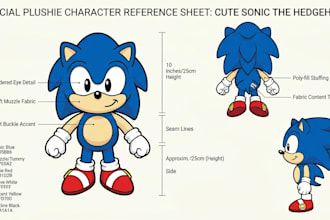 design a production ready custom plushie reference sheet and toy tech pack