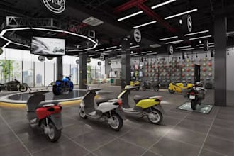 redesign 3d moto garage, motorcycle showroom render,sport store, auto parts shop