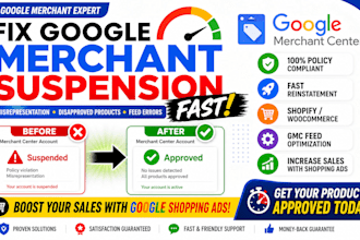 fix google merchant center suspension, misrepresentation and shopping ads issues