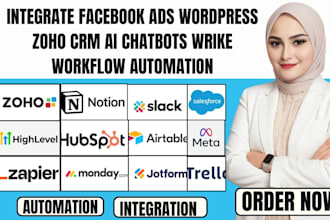 integrate facebook ads wordpress pipedrive zoho CRM ai chatbots wrike automation