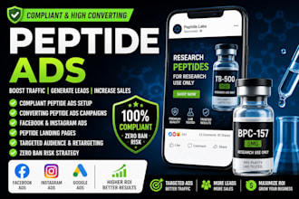 fix peptide ads issues and run facebook, instagram, social media ads and pro ads
