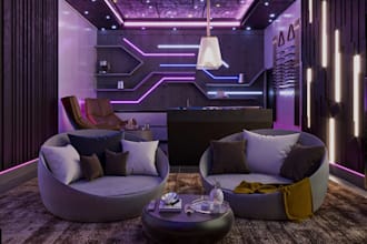 redesign 3d gaming room setup, luxury interior, futuristic layout,cgi wall decor