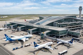 create 3d realistic airplane hangar, airport terminal and aviation structures