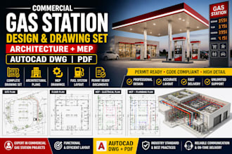 design complete gas station architectural, mep drawings autocad