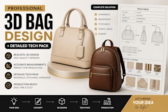 develop technical concept for 3d bags, handbags, backpack with detail techpack