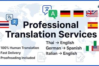 translate thai to english, german to spanish, and italian to english proofread
