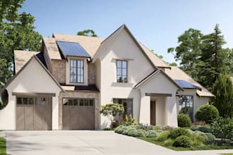update house exterior design,modern farmhouse, cottage style,facade render,cgi