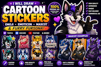 draw cartoon stickers, emoji, emoticon, mascot and furry fursona