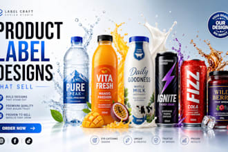 create unique juice label, water bottle label, milk, can, jar label design