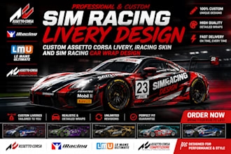 custom assetto corsa livery, iracing skin and sim racing car wrap design lmu acc