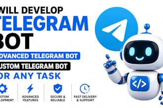 develop telegram bot, advanced telegram bot, custom telegram bot for any task