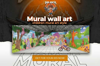 design kids room mural, nursery wall art, cartoon wall mural art, and restaurant