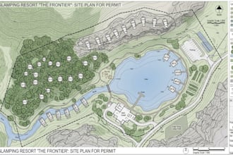 design extreme architecture for glamping and eco resorts, site plan for permit