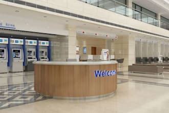 design 3d bank interior, office space, reception area, bank lobby, 3d rendering