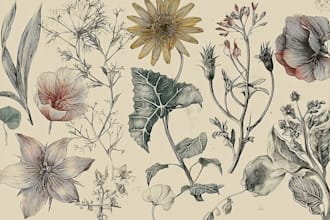 draw line art vector illustration of plants and flowers