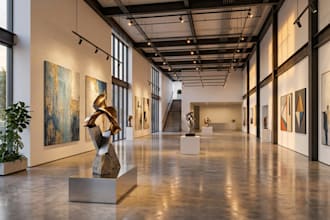 design a photorealistic 3d art gallery, museum, and exhibition space, cgi render