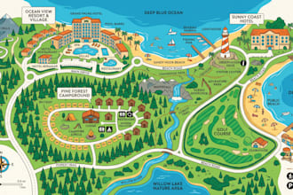design resort map, hotel map, campground map, illustrated site plan, tourist map