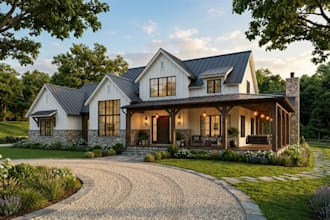 design a photorealistic 3d modern farmhouse, barndominium, and barn house