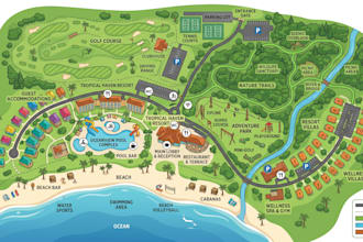 create resort map, vacation resort layout, park map and illustrated master plan
