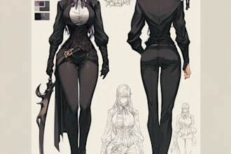draw anime character sheet with front side and back view