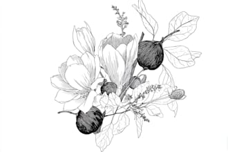 draw line art vector illustration of plants and flowers