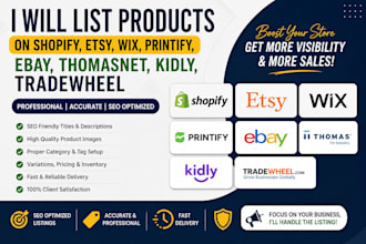 list products on shopify etsy wix printify ebay thomasnet kidly tradewhee laced