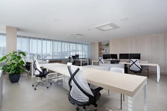 create cooperative office interior, 3d lightning design, executive bar rendering