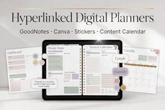 design hyperlinked canva digital planners, goodnotes, stickers, content calendar