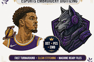 do esports logo embroidery digitizing in dst pes emb