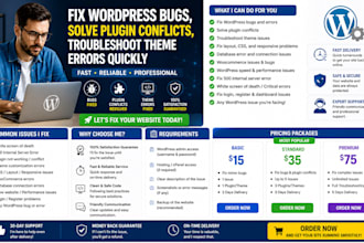 fix wordpress bugs, solve plugin conflicts troubleshoot theme errors quickly