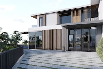 do luxury villa interior and exterior with photorealistic 3d rendering, 3d house