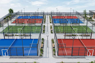 render realistic 3d padel court design, 3d baseball facility, pickleball, tennis