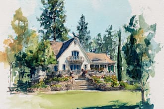 paint a watercolor house portrait or city space illustration