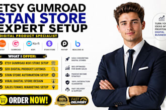set up etsy gumroad kofi seo setup viral digital products stan store automation