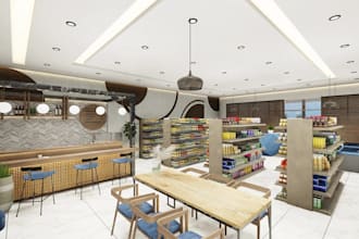 design modern supermarket interior, hybrid layout, gourmet market,3d cafe render