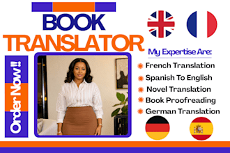 book translation from english to spanish, german to english, french translation