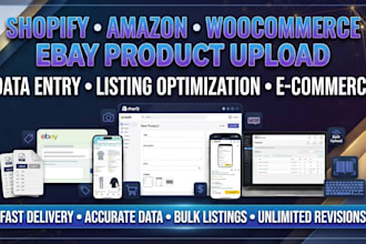 do bulk product upload, shopify data entry, amazon listing woocommerce migration