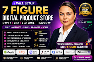 setup 7figure shopify digital product store, etsy shop, stan store digital store