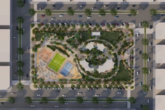 create 2d space layout, realistic 3d park visual, playground landscape rendering
