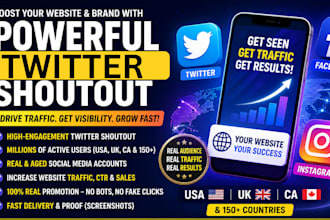 promote shoutout share website link to 250m USA, UK, ca twitter, fb, ig audience
