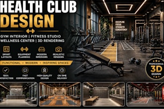 design 3d health club, gym interior, fitness studio, wellness center