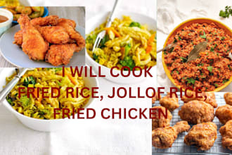 cook fried rice, jollof rice, fried chicken