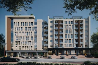 restore 3d commercial building,complex exterior,retail shop,mixed used rendering