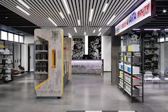 renovate3d auto parts shop,cgi render,engine parts showroom,tires store interior