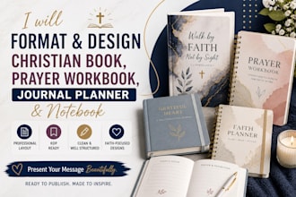 format, design christian book, prayer workbook, journal planner and notebook