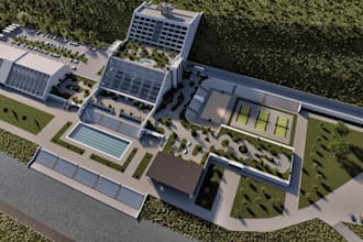 design 3d sport masterplan, olympic game complex, waterfront facility,cgi render